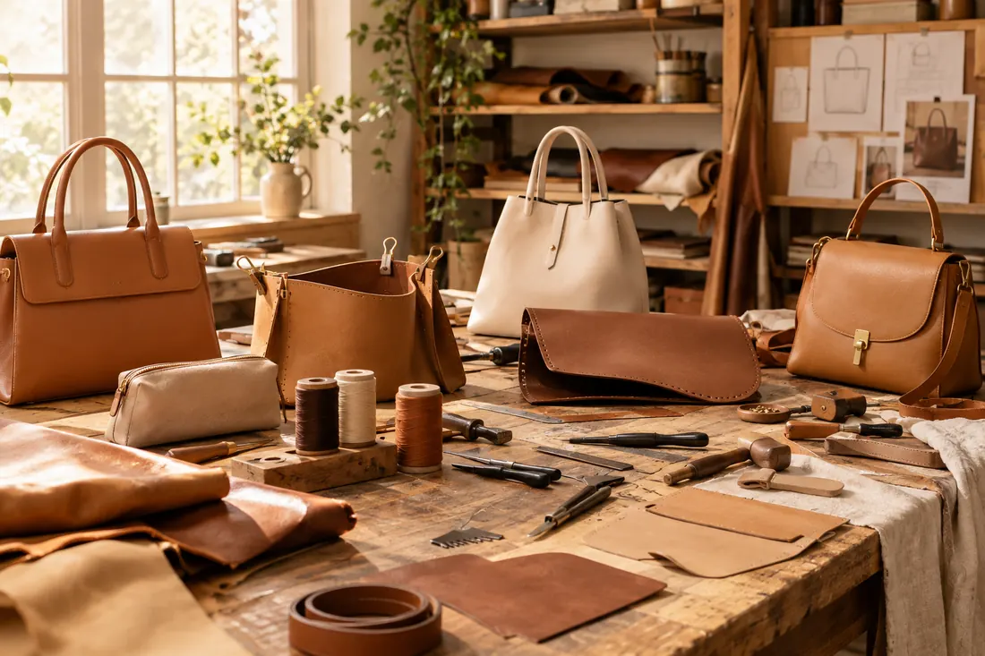 Artisan leather workshop with handbags in progress