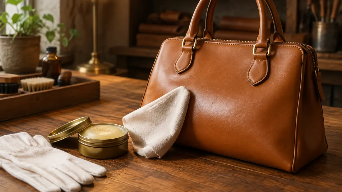 Soft cloth polishing a tan leather handbag on a wooden table