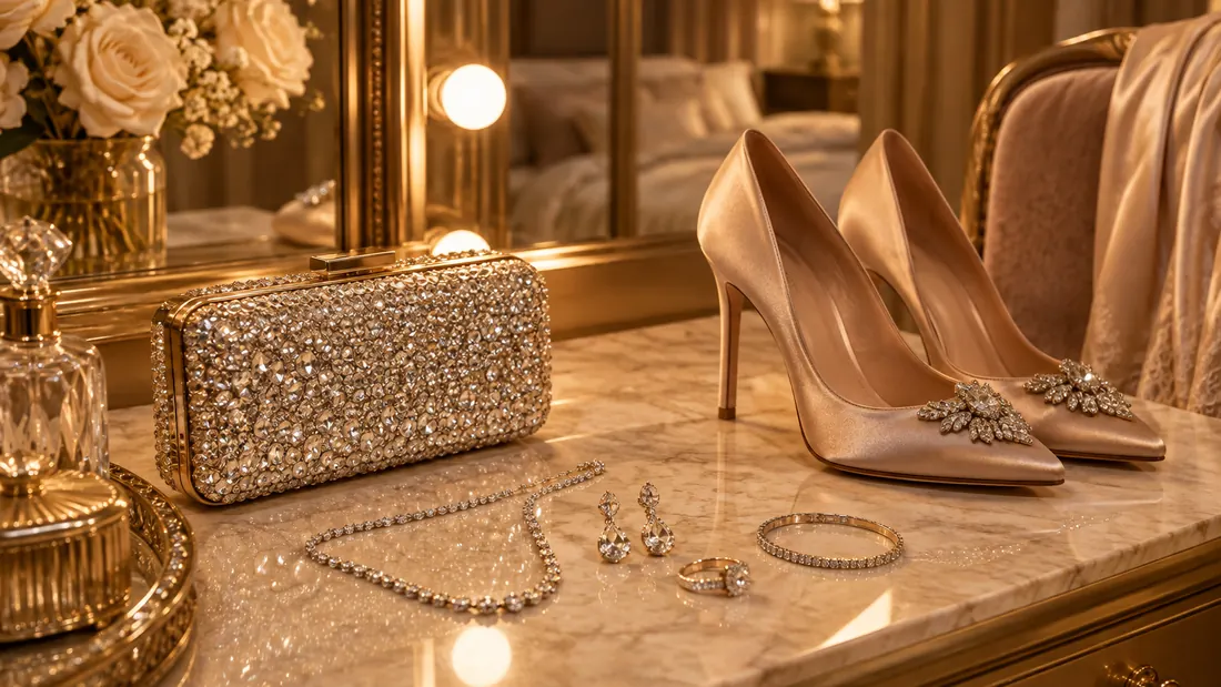 Crystal clutch bag and silk heels on a dressing table by mirror light