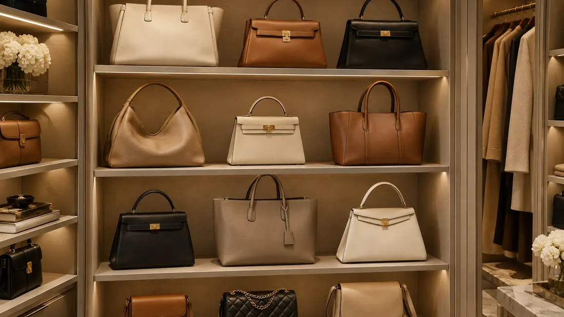 Collection of luxury leather handbags displayed on closet shelving