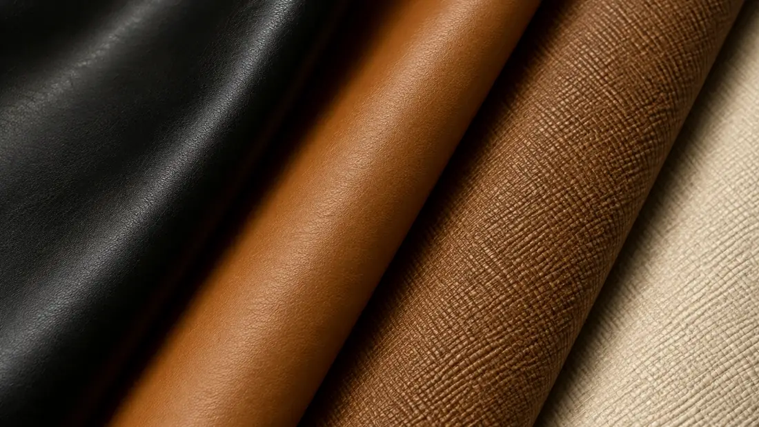 Close-up of premium leather textures in black, tan and cream