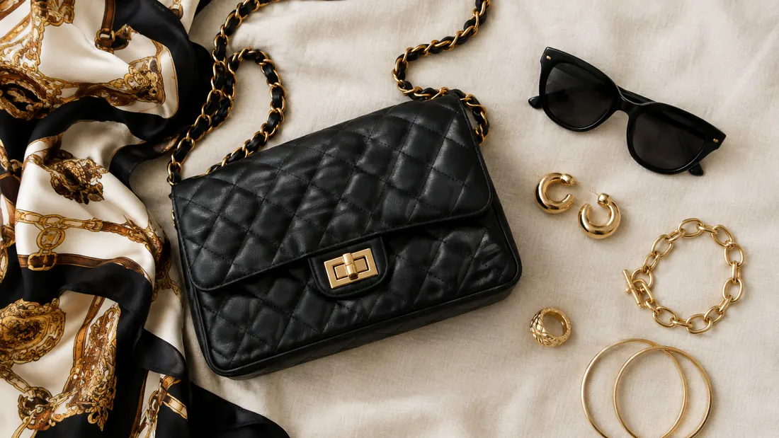 Black quilted handbag with gold chain styled in an elegant flat lay