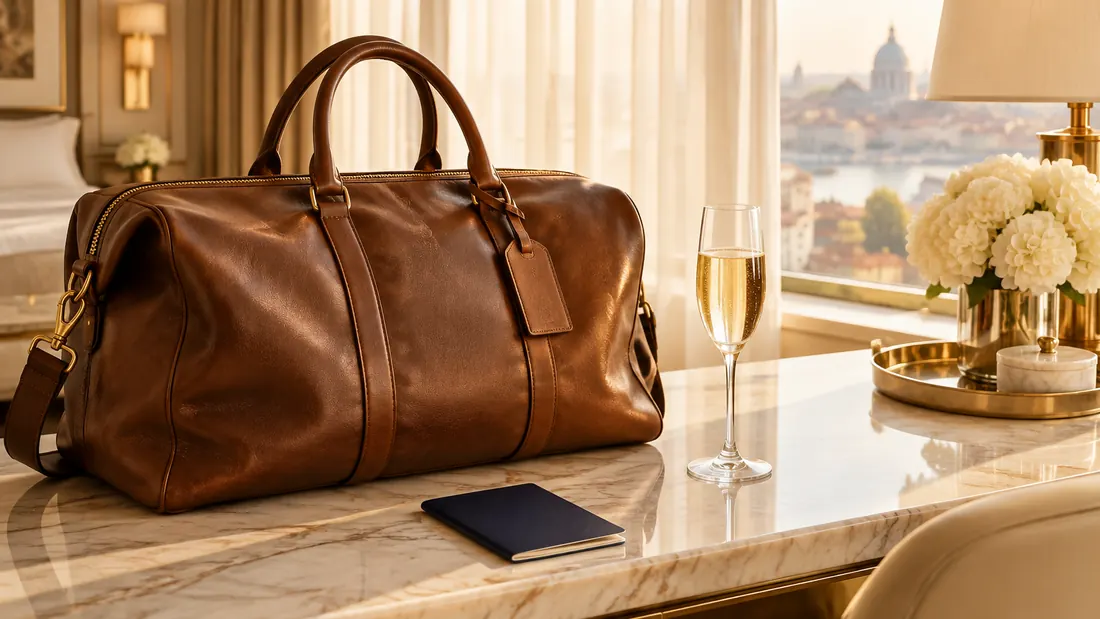 Leather weekender bag and passport on a marble hotel counter