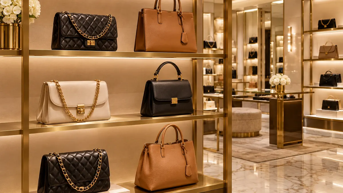 Elegant luxury boutique display of designer leather handbags