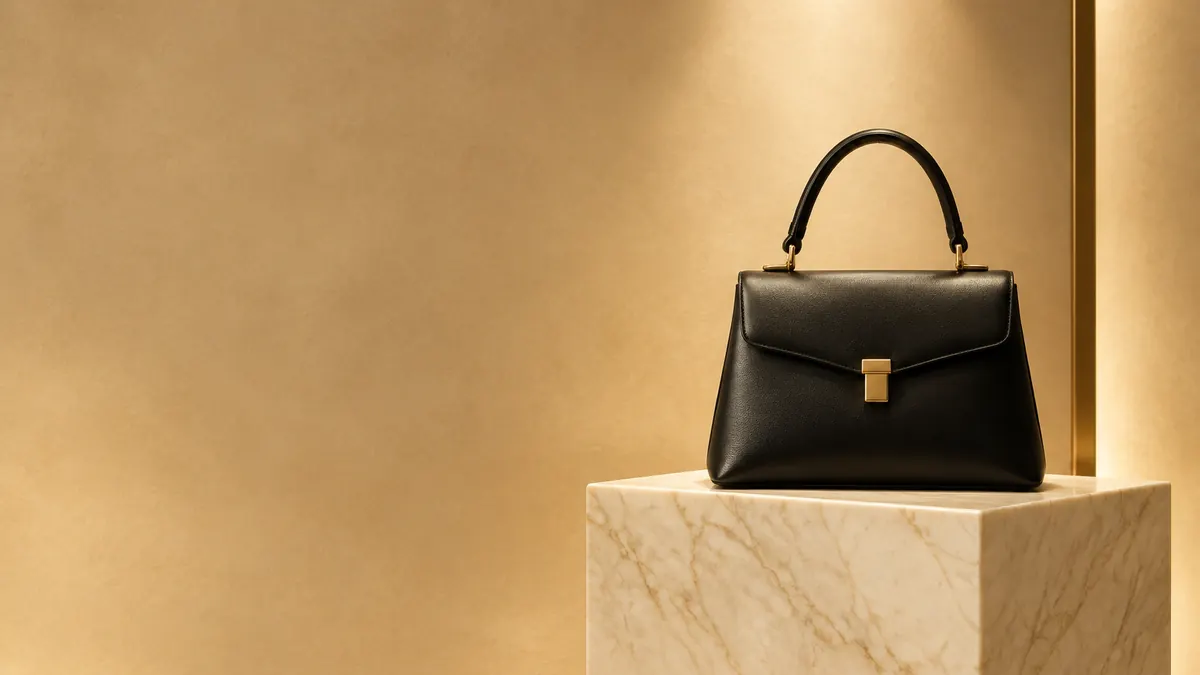 Black leather handbag on a marble display pedestal